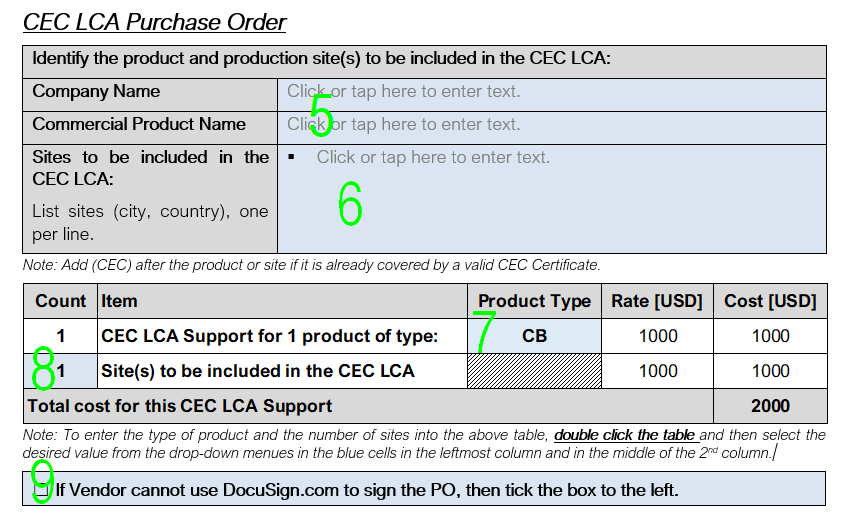 CEC LCA Purchase Order Image